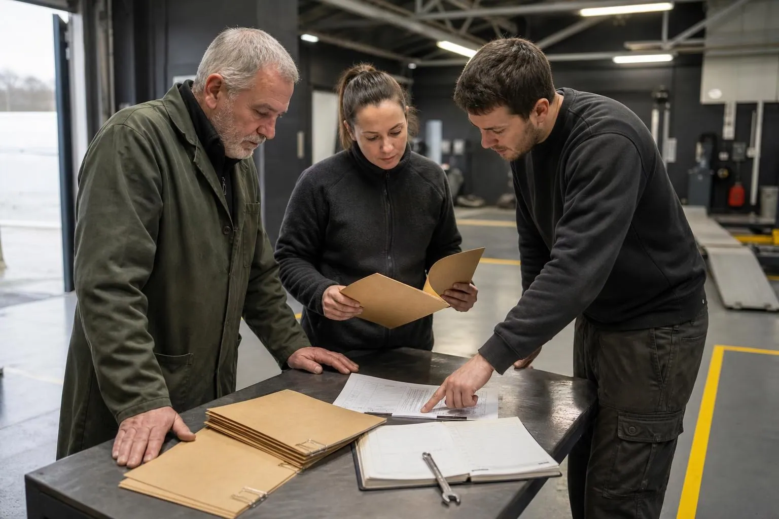 Trois professionnels debout autour d’un établi métallique dans un atelier sombre, chemises cartonnées ouvertes et trombones posés entre eux