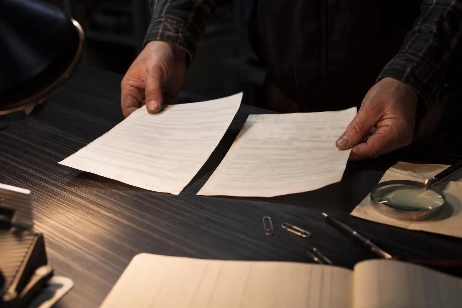 Mains d’un homme comparant deux feuillets administratifs côte à côte sous une lampe d’atelier, trombones et loupe posés sur un plan de travail sombre