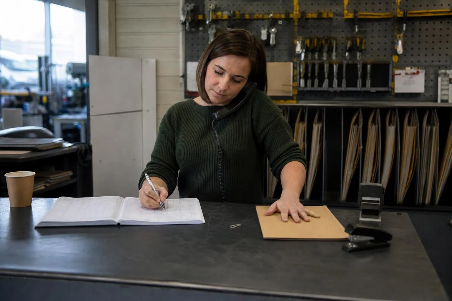 Secrétaire cochant au stylo les lignes d’un carnet à colonnes posé sur un comptoir d’atelier, combiné de téléphone fixe coincé à l’épaule