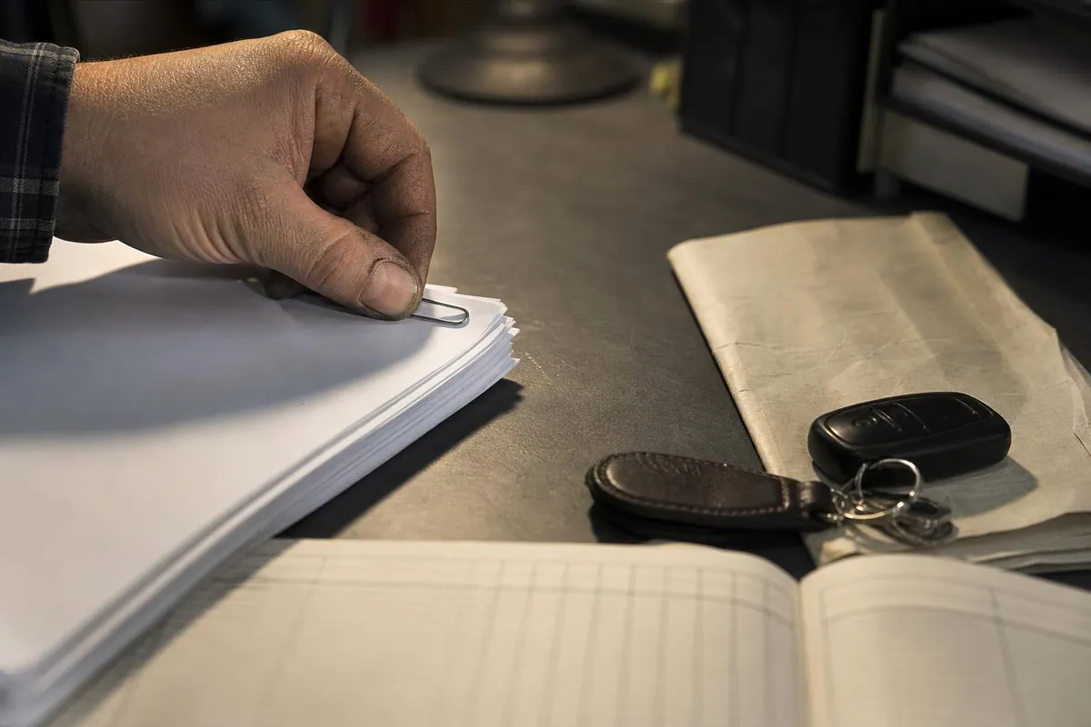 Main posant un trombone metallique sur une liasse de feuillets administratifs pres d’un document plie et d’une cle de vehicule sur un plan de travail sombre
