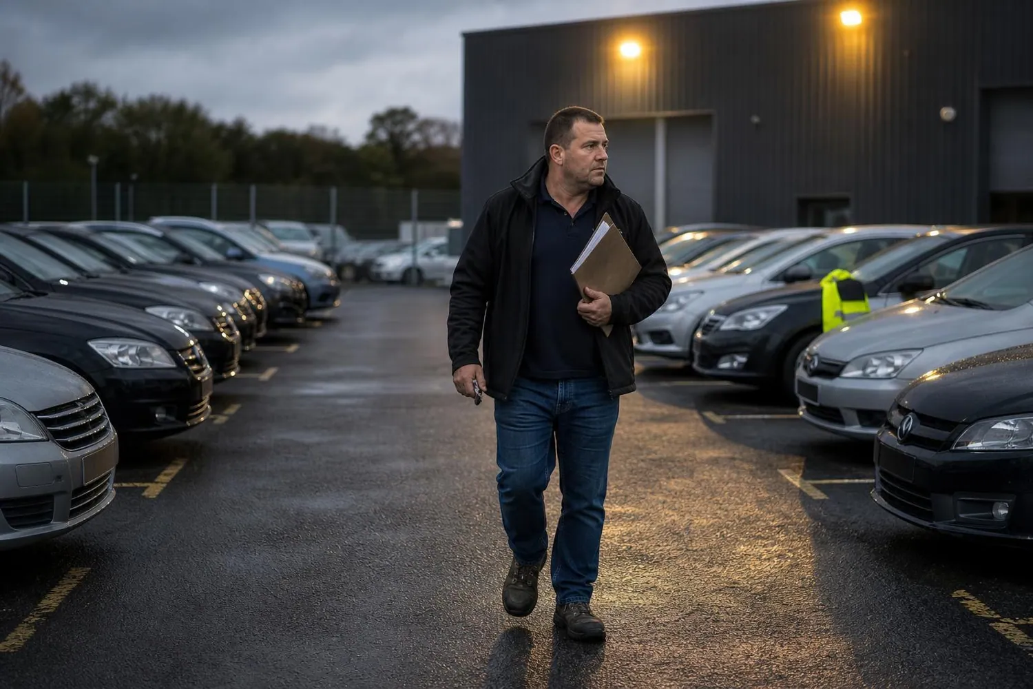Negociant en vehicules d’occasion tenant une chemise cartonnee, debout dans l’allee marquee au sol entre deux rangees de voitures alignees sur un parc
