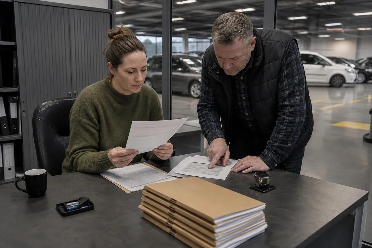 Deux professionnels penches sur un plan de travail couvert de documents administratifs et de chemises cartonnees dans le bureau vitre d’un parc automobile